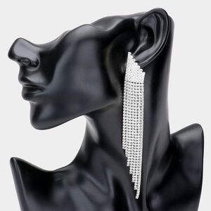 Long Gold & Silver Rhinestone Pave Long Drop Evening Dangle Statement Earrings